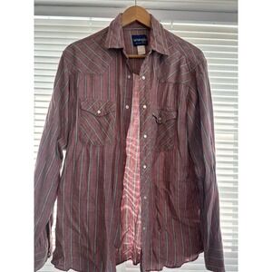 WRANGLER Shirt Mens Large Pearl Snap Striped Western Cowboy Cotton RED Faded